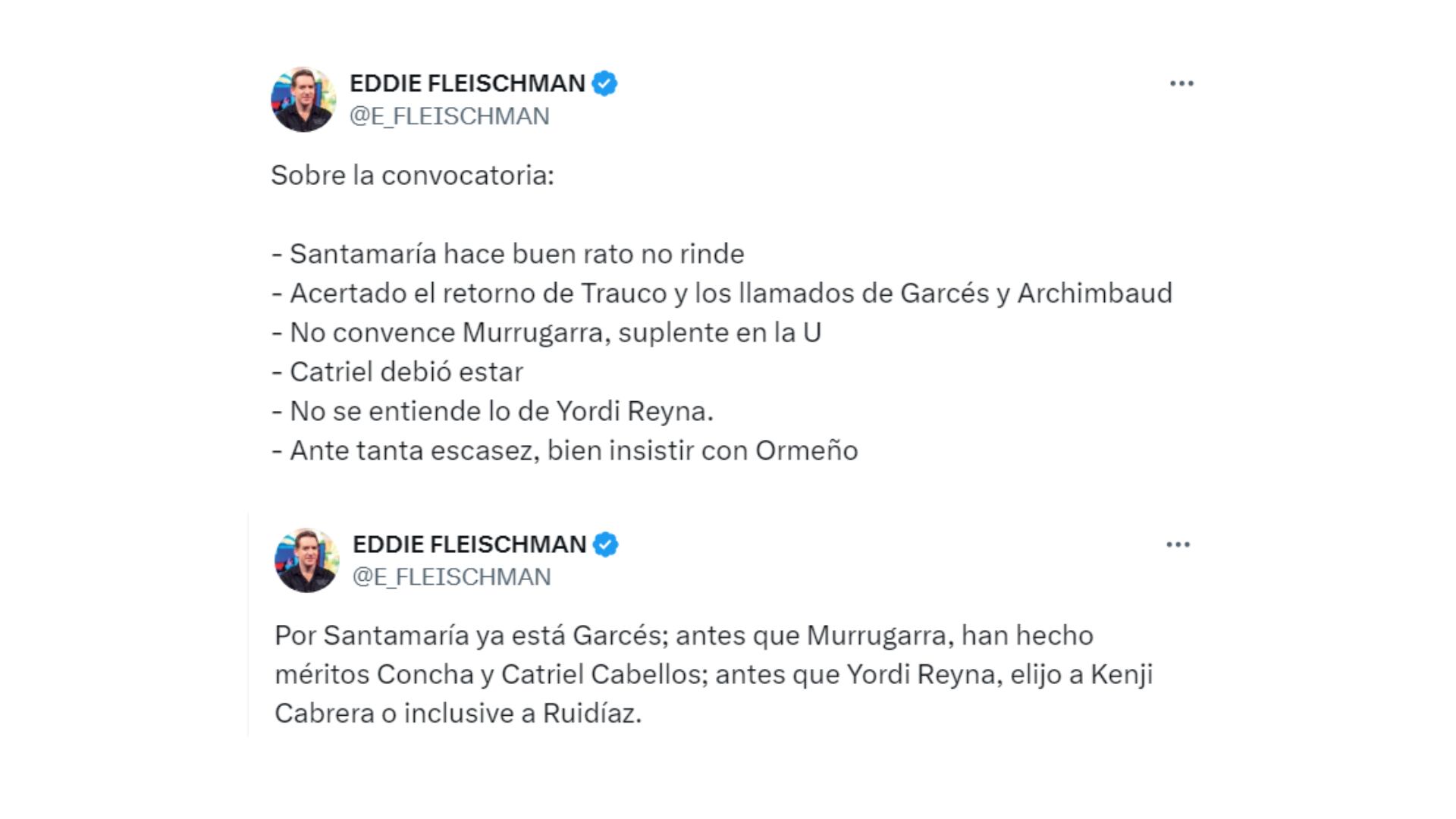 Los mensajes de Eddie Fleischman sobre la convocatoria de Perú para los duelos de Eliminatorias 2026 contra Colombia y Ecuador.