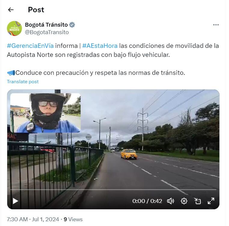 Bogotá Tránsito informó bajo flujo vehicular en la Autopista norte - crédito @BogotaTransito