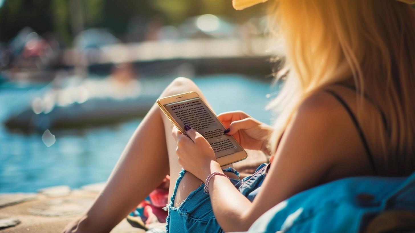 Imagen de alguien relajado en un ambiente de vacaciones, concentrado en la lectura de un libro digital en su smartphone. Destaca cómo la tecnología ha transformado la experiencia de la lectura, permitiendo acceder a una amplia gama de literatura, desde novelas hasta cuentos, en formatos digitales como ePub. La fotografía refleja la fusión de la tecnología y la cultura en la vida cotidiana. (Imagen ilustrativa Infobae)