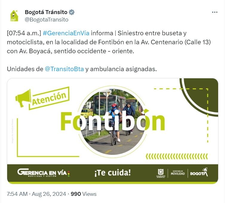 Un choque entre una buseta y un motociclista genera congestión vehicular en el occidente de Bogotá - crédito @BogotáTransito/X