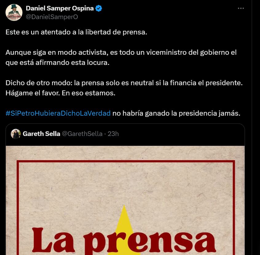 Rechazo de Daniel Samper Ospina a declaraciones de viceministro de Juventudes sobre prensa - crédito @DanielSamperO