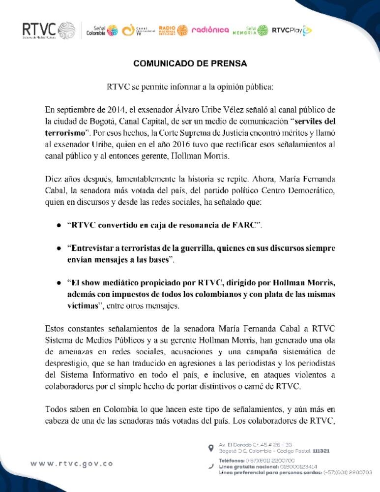 El sistema de medios señaló que la postura de la senadora afecta visiblemente a periodistas y personal de la entidad - crédito @RTVCco/X