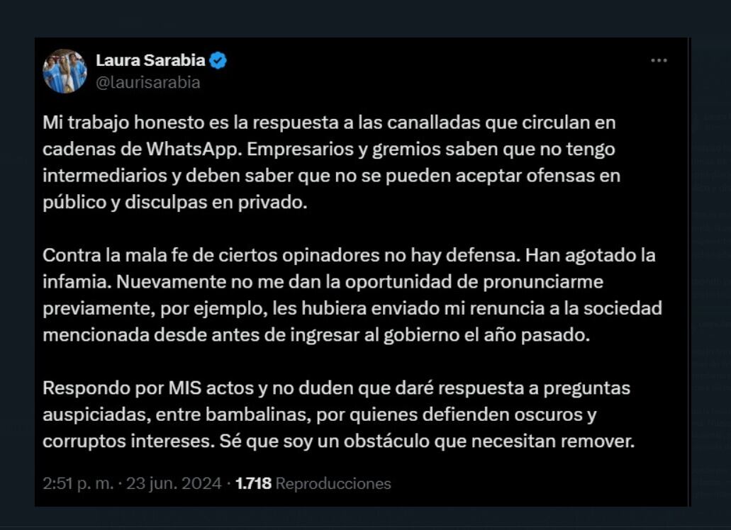 Laura Sarabia hizo unas declaraciones en  torno a las varias noticias escandalosas que la rodean a ella y a su gestón en el Dapre - crédito @laurisarabia