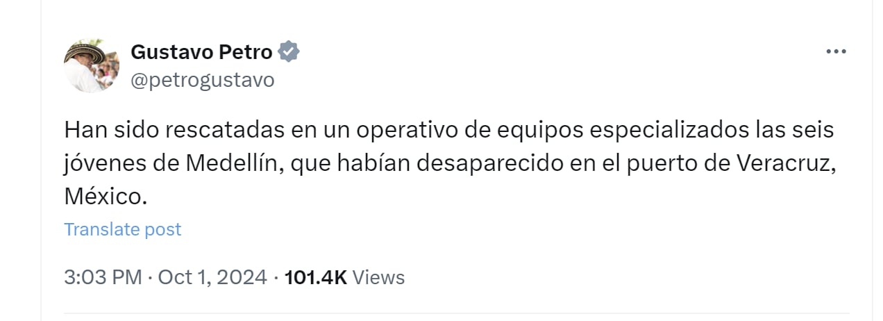 El presidente Gustavo Petro confirmó el rescate de las connacionales - crédito @petrogustavo/X