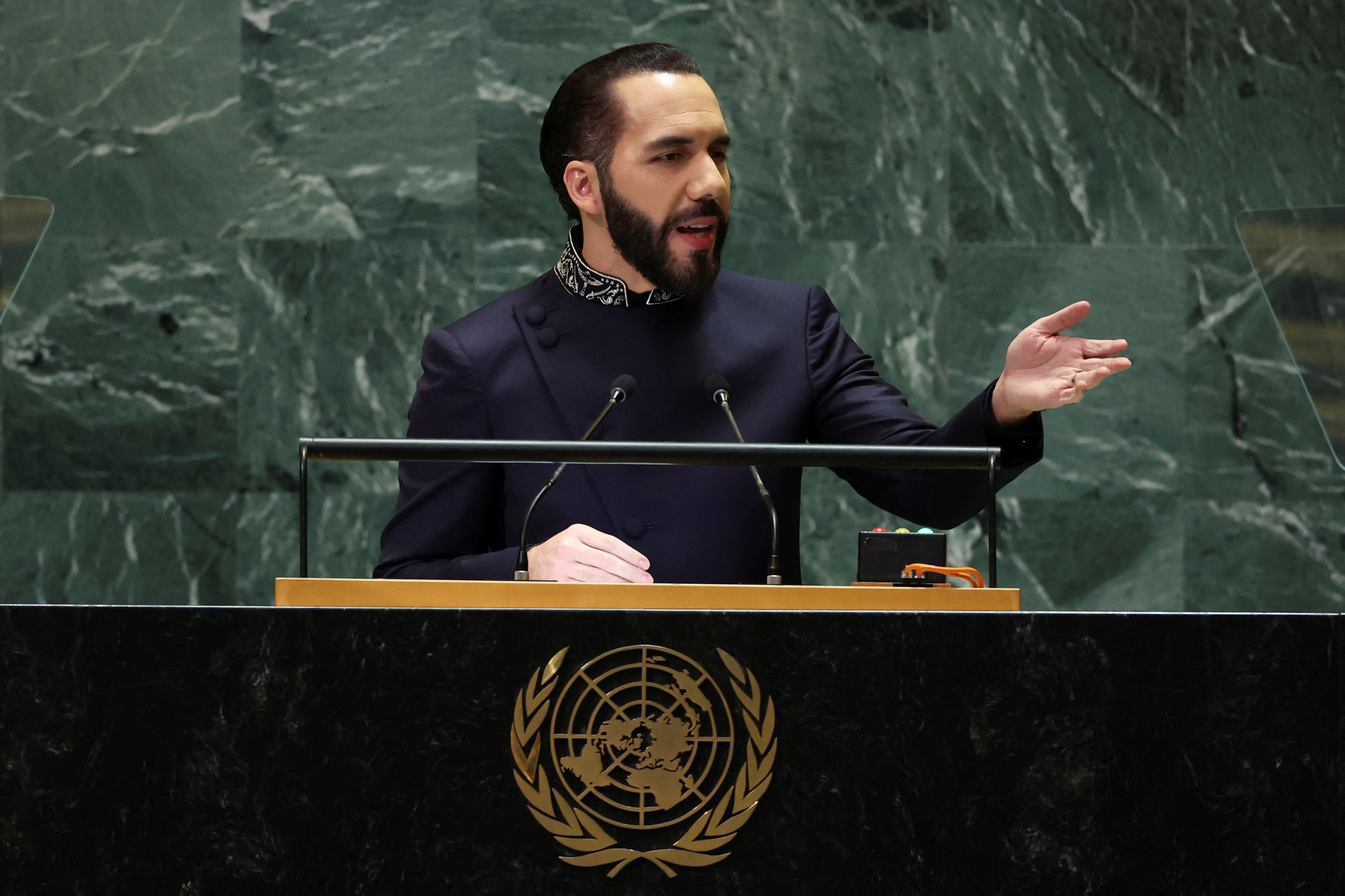 El presidente salvadoreño Nayib Bukele habló en la 79° Asamblea General de la ONU en Nueva York este 24 de septiembre de 2024 (REUTERS/Mike Segar)