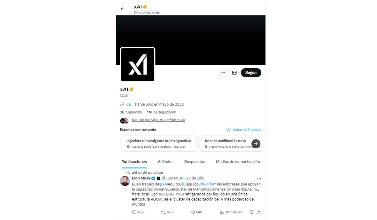 En el perfil de X de xAI se encuentran todas las vacantes vigentes en la empresa. (X: xAI)