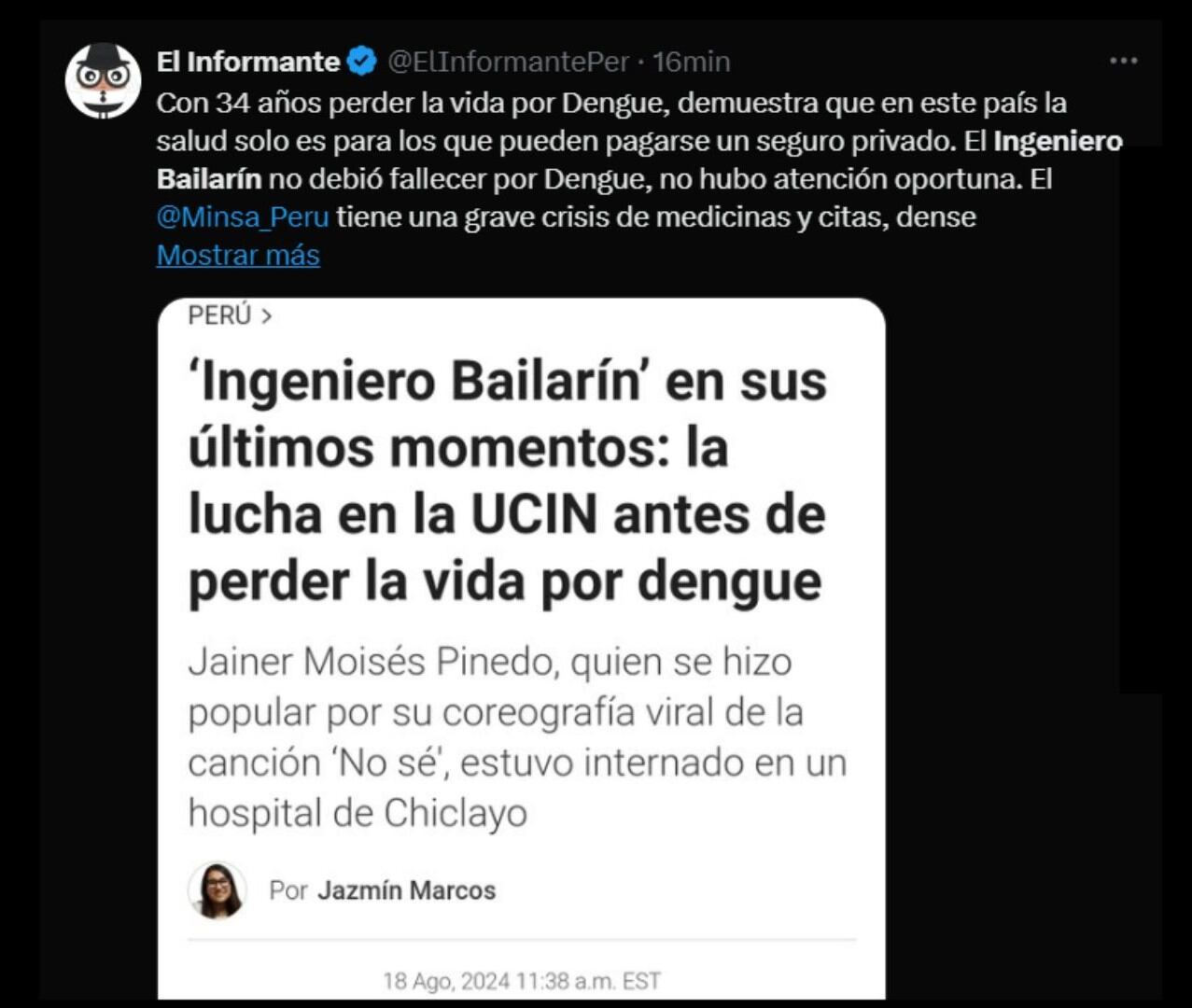 Reacción en redes por la muerte de Jainer Pinedo, el 'Ingeniero Bailarín'.