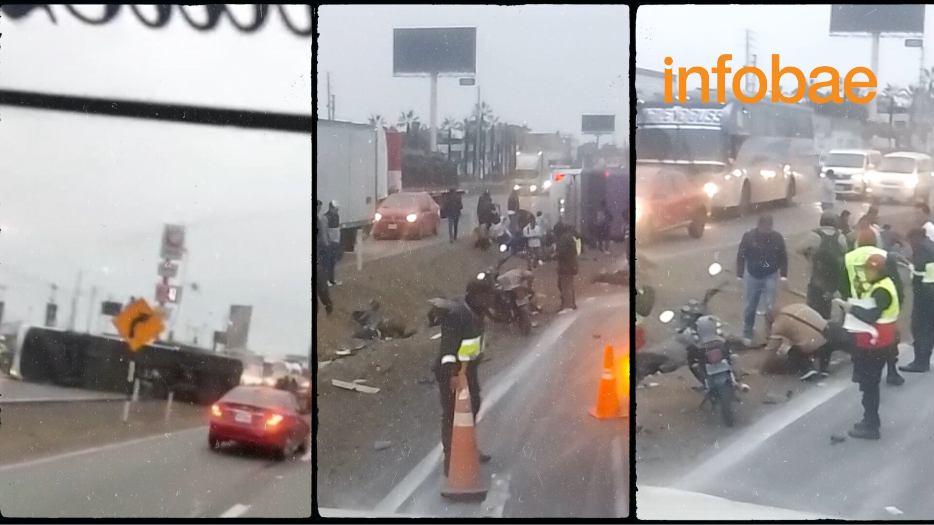 Volcadura de bus en Lurín deja a heridos varados en la Panamericana Sur. (Foto: Composición - Infobae/Renato Silva)