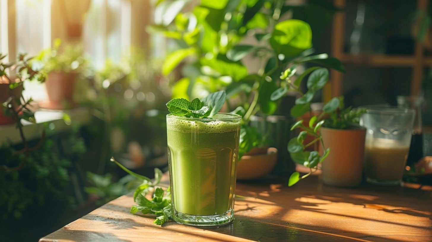 Una vaso de jugo verde natural rodeado de vegetales frescos - (Imagen Ilustrativa Infobae).