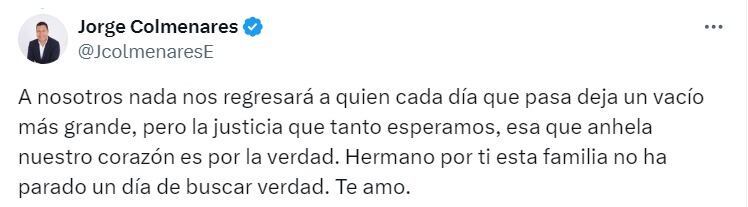 Este fue el sentido mensaje de Jorge, hermano de Andrés Colmenares - crédito captura de pantalla X