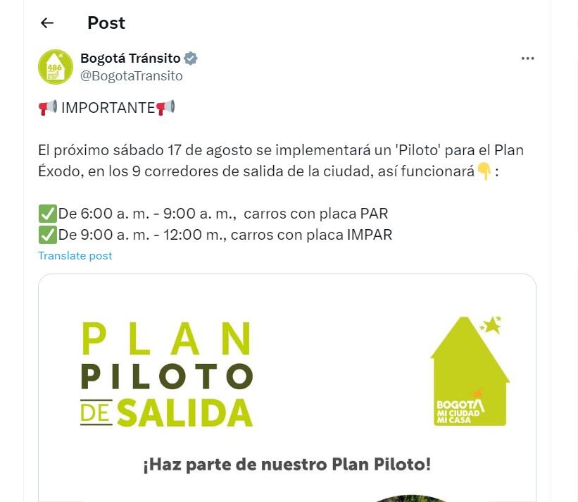 Bogotá Tránsito habla de la implementación del Plan Éxodo en la capital colombiana - crédito @BogotaTransito