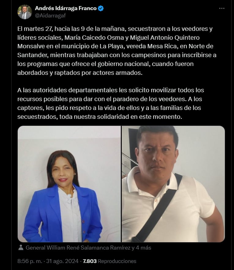 El secretario de Transparencia pidió en su momento que se velara por la integridad de los dos líderes sociales secuestrados en el Catatumbo - crédito red social X