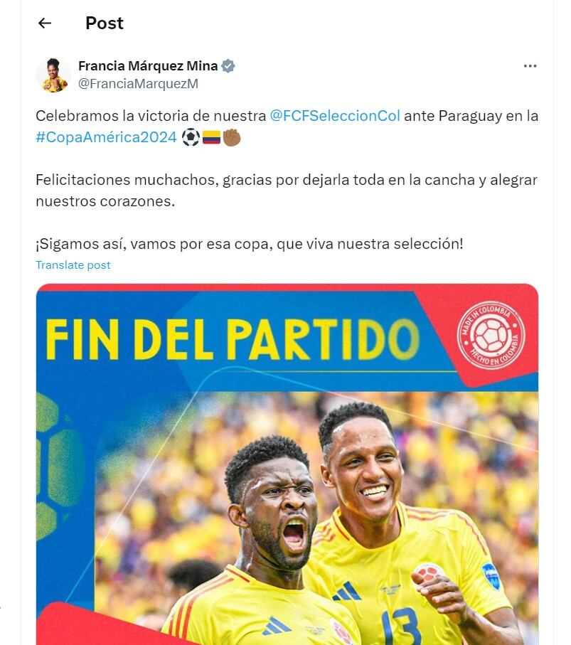 Francia Márquez felicita a los jugadores de la selección Colombia por su victoria en la Copa América - crédito @FranciaMarquezM