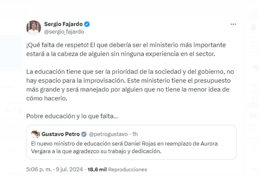 El político y académico criticó la decisión de Petro respecto al nuevo liderazgo en el Ministerio de Educación - crédito @sergio_fajardo / X