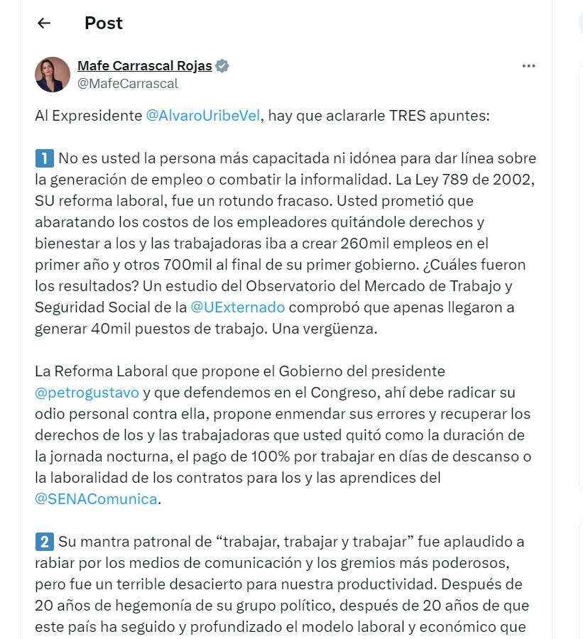 María Fernanda Carrascal criticó a Álvaro Uribe y defendió la reforma laboral - crédito @MafeCarrascal