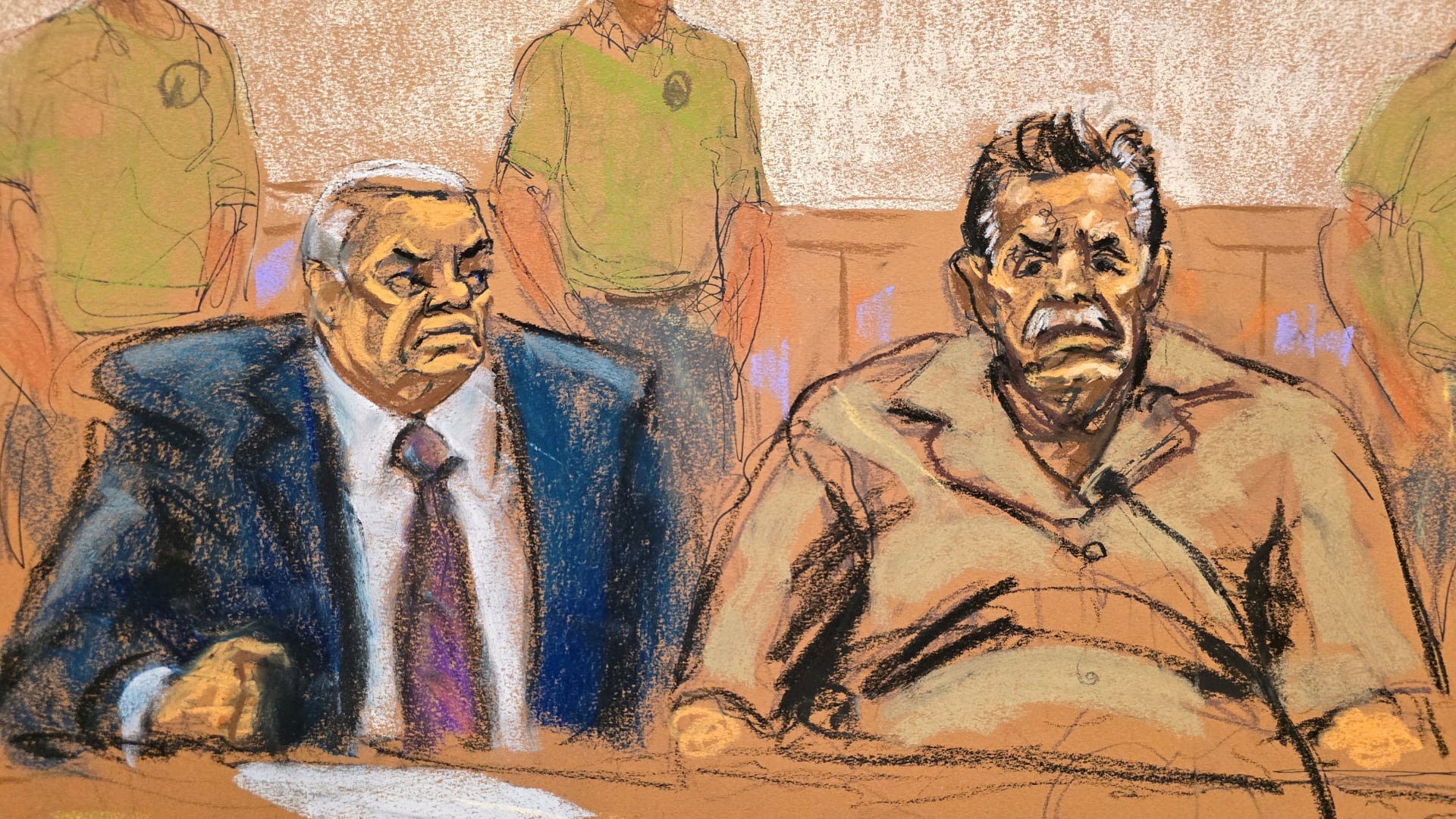 Accused Mexican former drug lord Ismael "El Mayo" Zambada sits with his attorney Frank Perez, at the courthouse in Brooklyn, New York, U.S. September 13, 2024, in this courtroom sketch. REUTERS/Jane Rosenberg