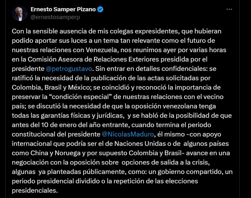 Ernesto Samper sobre el encuentro de la Comisión Asesora de Relaciones Exteriores - crédito @ernestosamperp/X