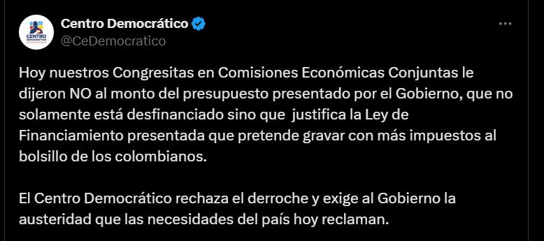 Pronunciamiento del Centro Democrático por Presupuesto General de la Nación - crédito @CeDemocratico/X