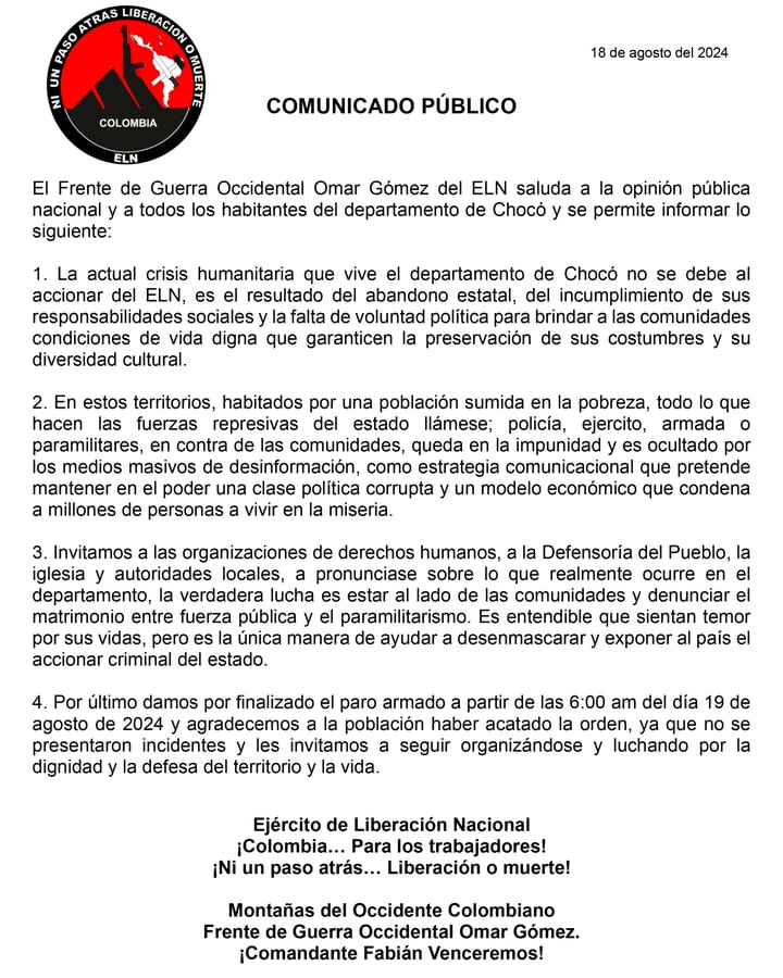 El frente Omar González del ELN anunció que el paro armado en el Chocó se levantará en la mañana del lunes 19 de agosto - crédito @CMDT_FABIAN_/X