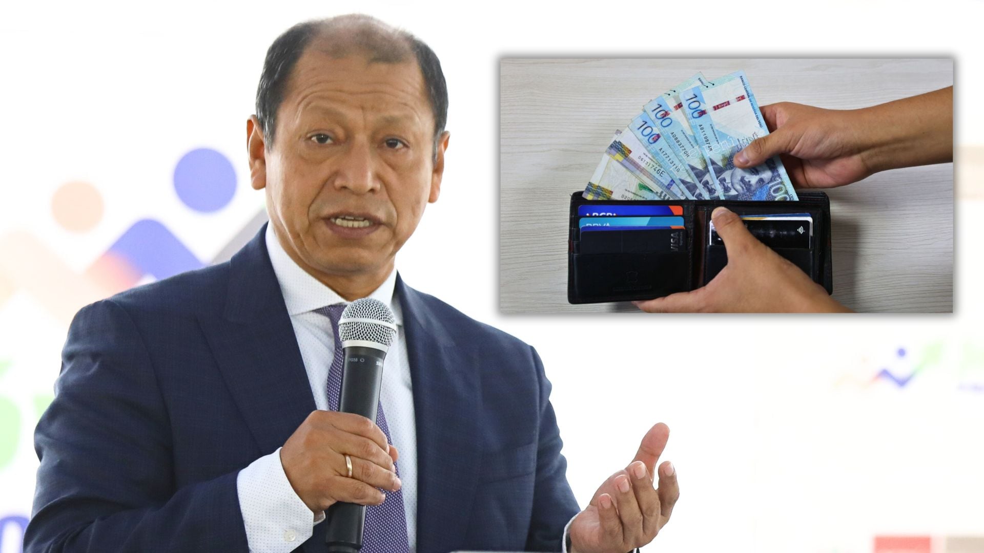 Daniel Maurate, ministro de Trabajo y Promoción del Empleo en Perú e imagen de dinero en billetera