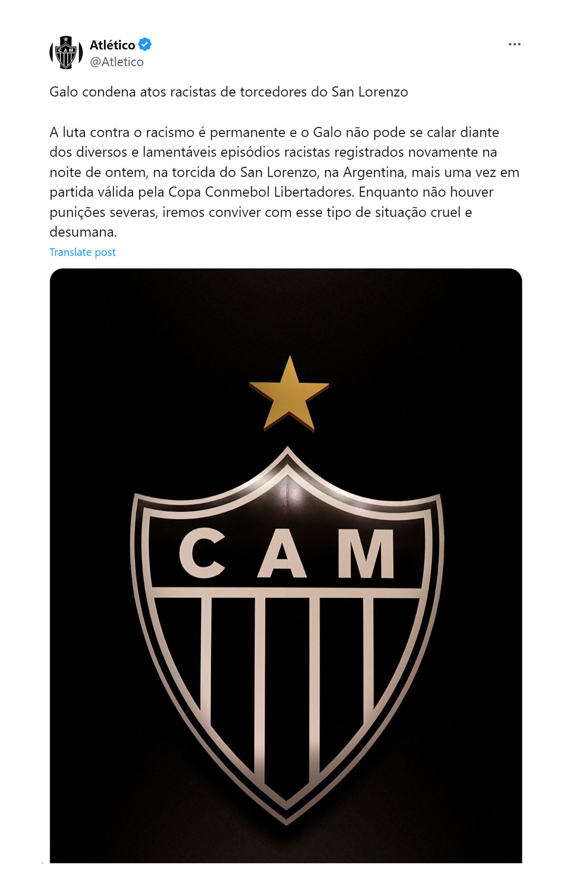 Comunicado del Atlético Mineiro en contra de la discriminación.