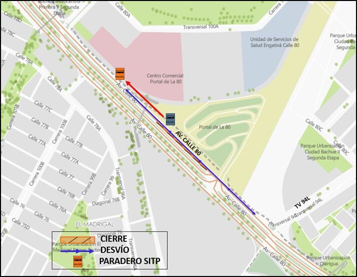 Cierre y desvío en la calle 80 con transversal 94 J. (Crédito:  Secretaría de Movilidad de Bogotá).