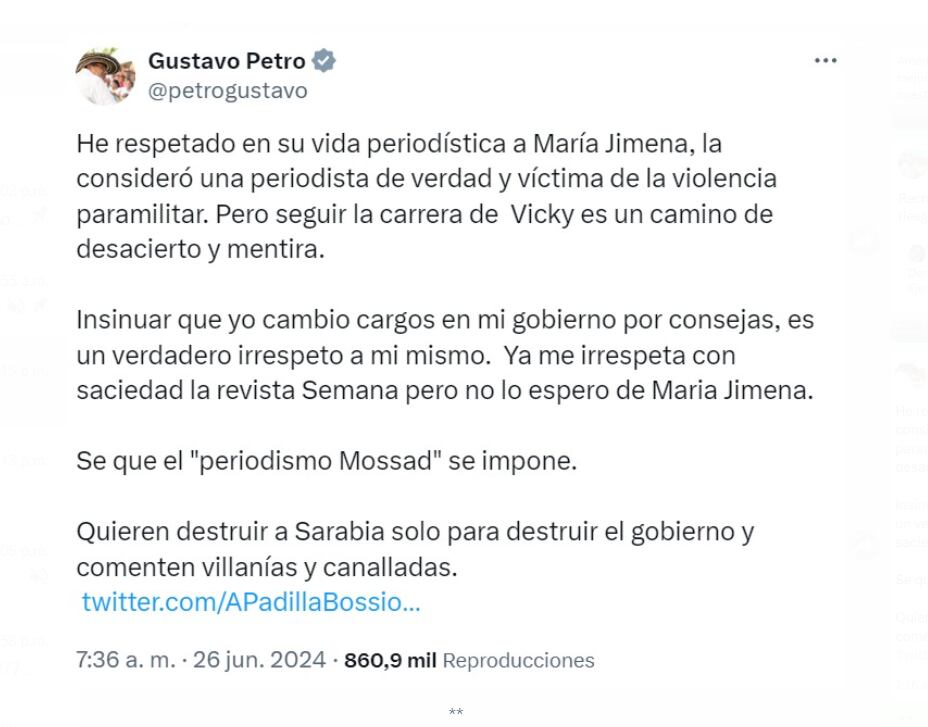 El mensaje en el que el presidente Petro menospreció el trabajo de la periodista María Jimena Duzán - crédito @petrogustavo /X