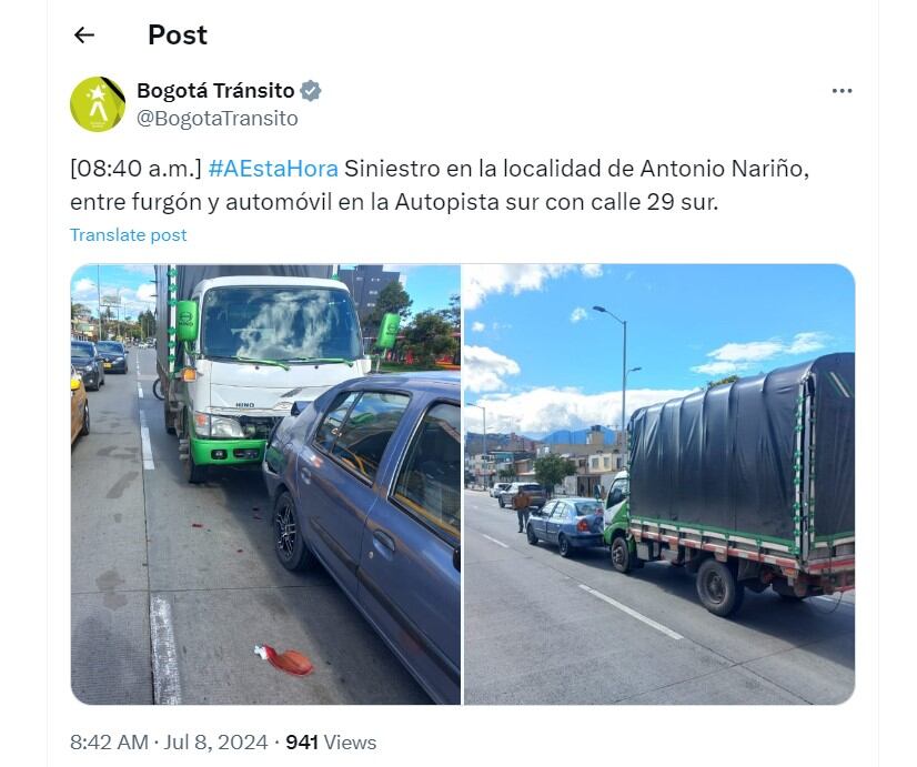 Bogotá Tránsito informó de un accidente vial en localidad Antonio Nariño - crédito @BogotaTransito