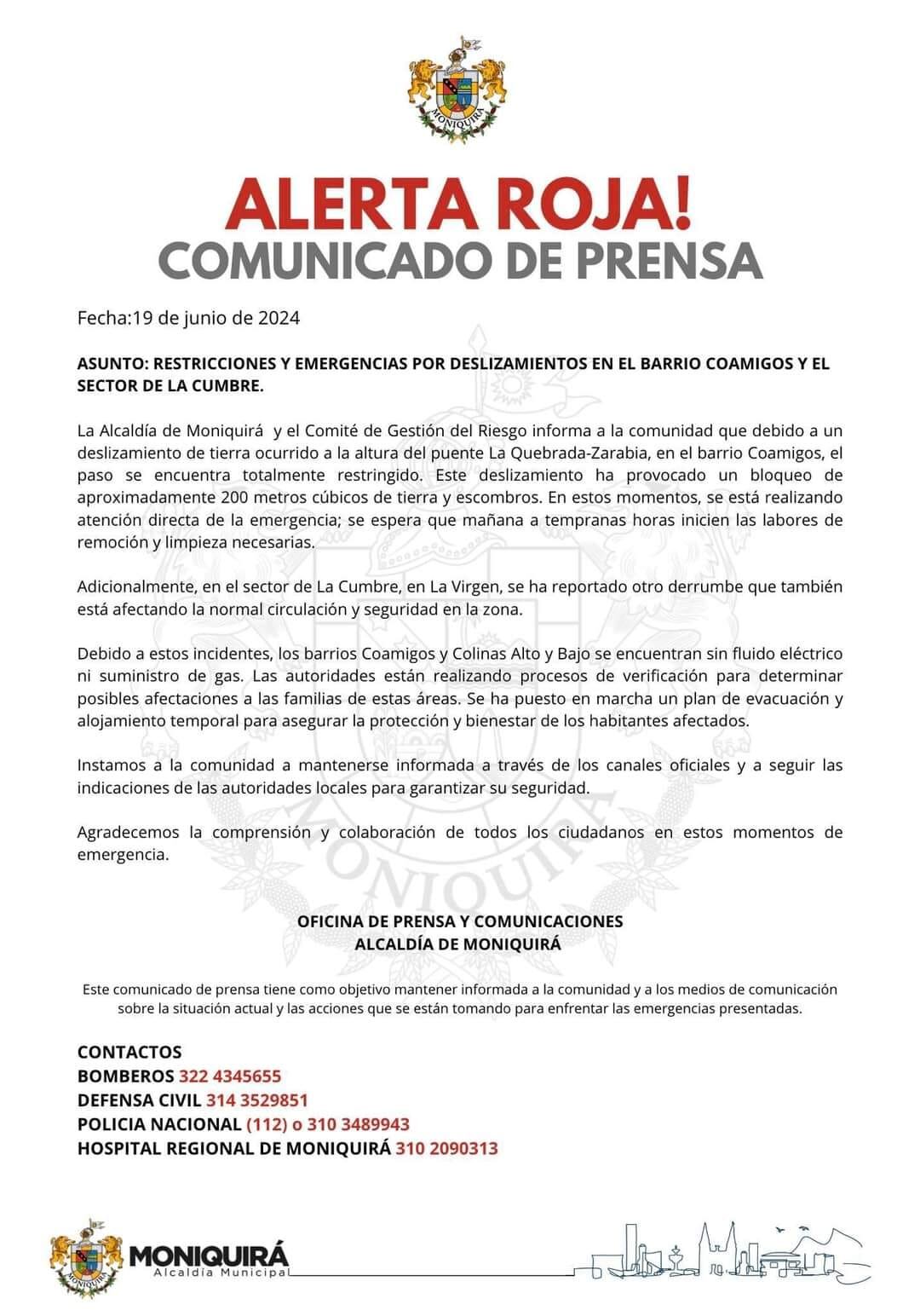 Comunicado alcaldía de Barbosa por derrumbes en el municipio. (Crédito: Alcaldía de Barbosa)