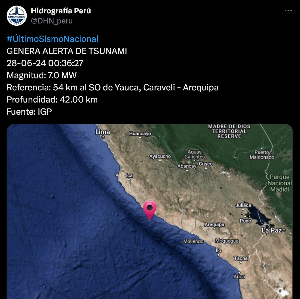 Temblor de magnitud 7 en Arequipa causa alerta de tsunami.