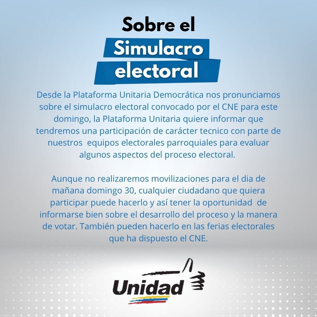 La PUD anunció una participación técnica en el simulacro electoral en Venezuela