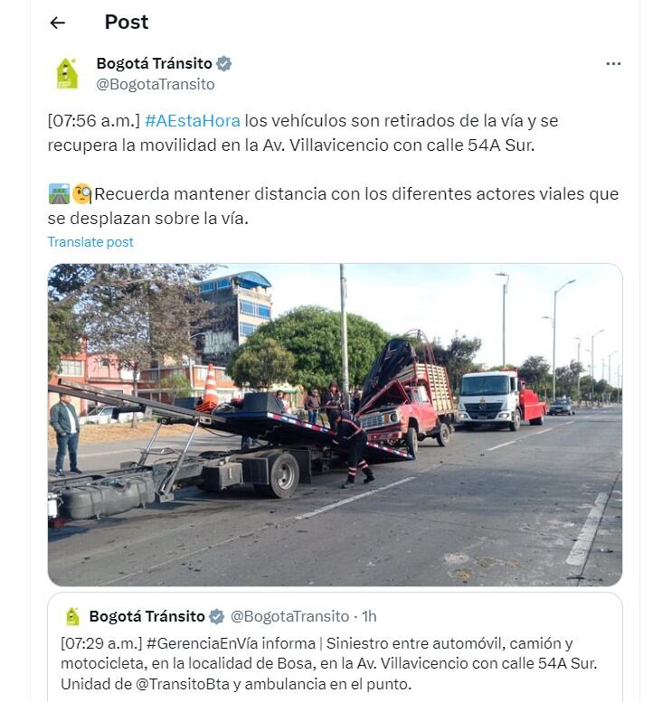 Bogotá Tránsito informa de un accidente de tránsito en la localidad de Bosa - crédito @BogotaTransito