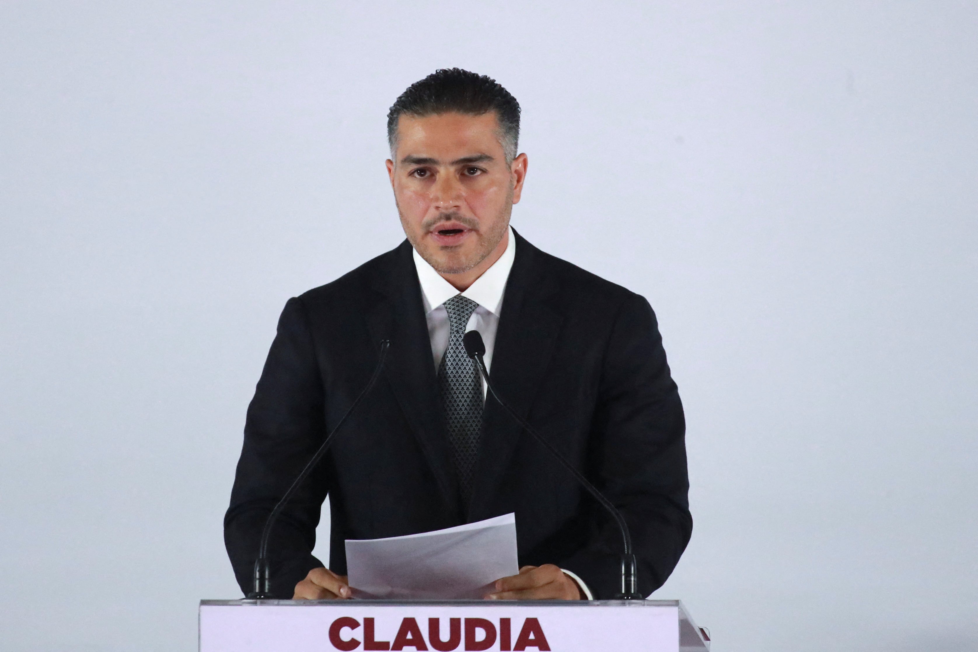 Omar Garcia Harfuch, appointed as Security Minister, speaks on the day that Mexican President-elect Claudia Sheinbaum (not pictured) announces members of her cabinet in Mexico City, Mexico, July 4, 2024. REUTERS/Henry Romero