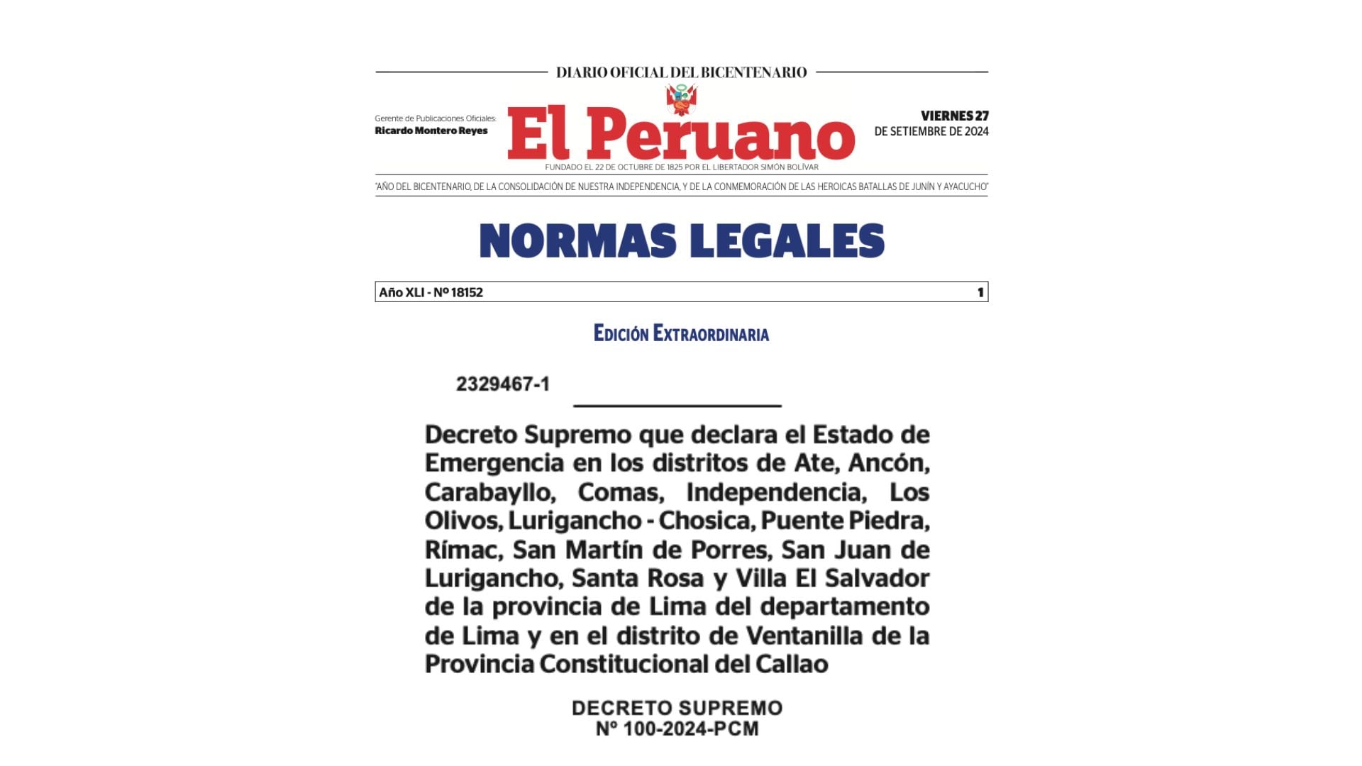 Decreto del estado de emergencia fue publicado en el diario El Peruano