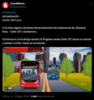 Siguen cerradas temporalmente las estaciones Av. Boyacá, Niza - Calle 127 y Gratamira crédito @TransMilenio/X