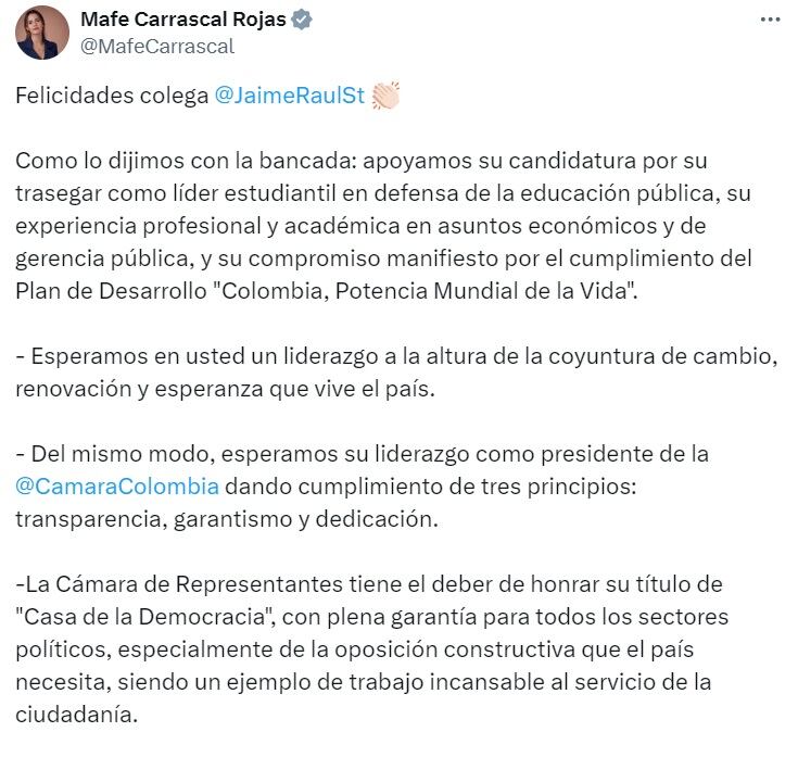 La bancada del Pacto Histórico respaldó unánimemente la candidatura de Jaime Raúl Salamanca - crédito @MafeCarrascal/X