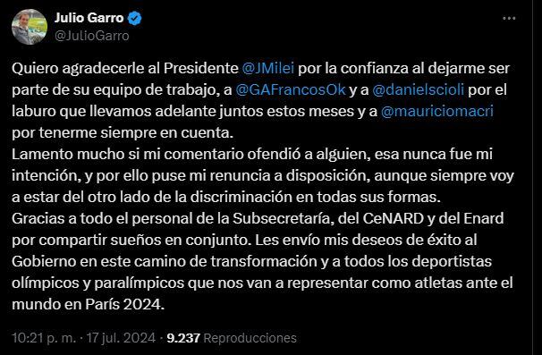 Tweet de Julio Garro en X