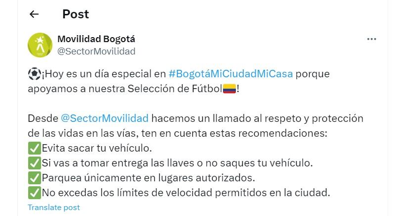 Movilidad Bogotá da recomendaciones para la final de la Copa América - crédito @SectorMovilidad