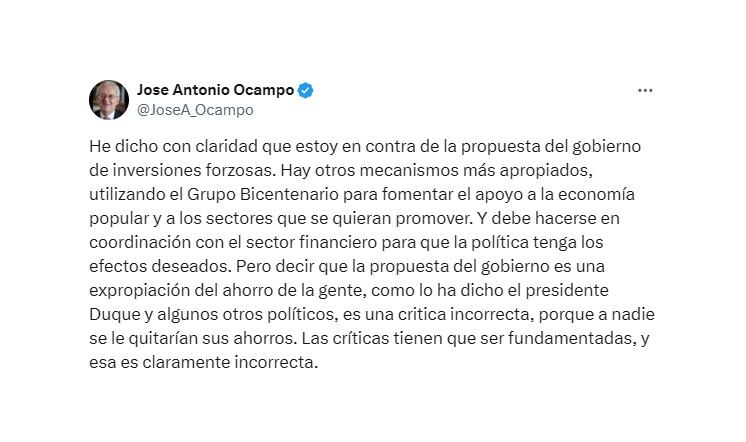 Trino del exministro José Antonio Ocampo en contra de la inversión forzosa que propone el presidente Petro. (Crédito: @JoseA_Ocampo / X)