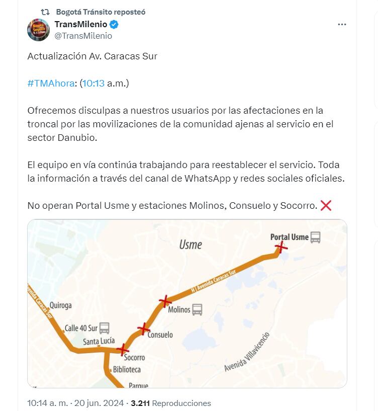 Más de 4 horas permaneció suspendida la operación - crédito @BogotaTransito/X