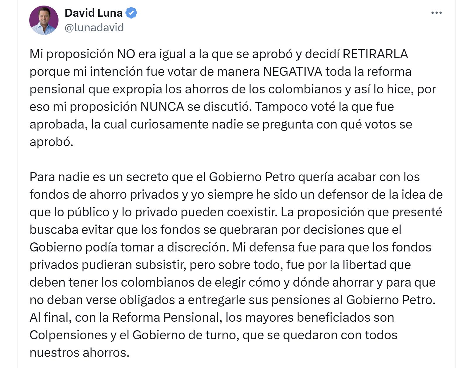 El senador David Luna aseguró que su proposición buscaba que no se quebraran los fondos de pensiones