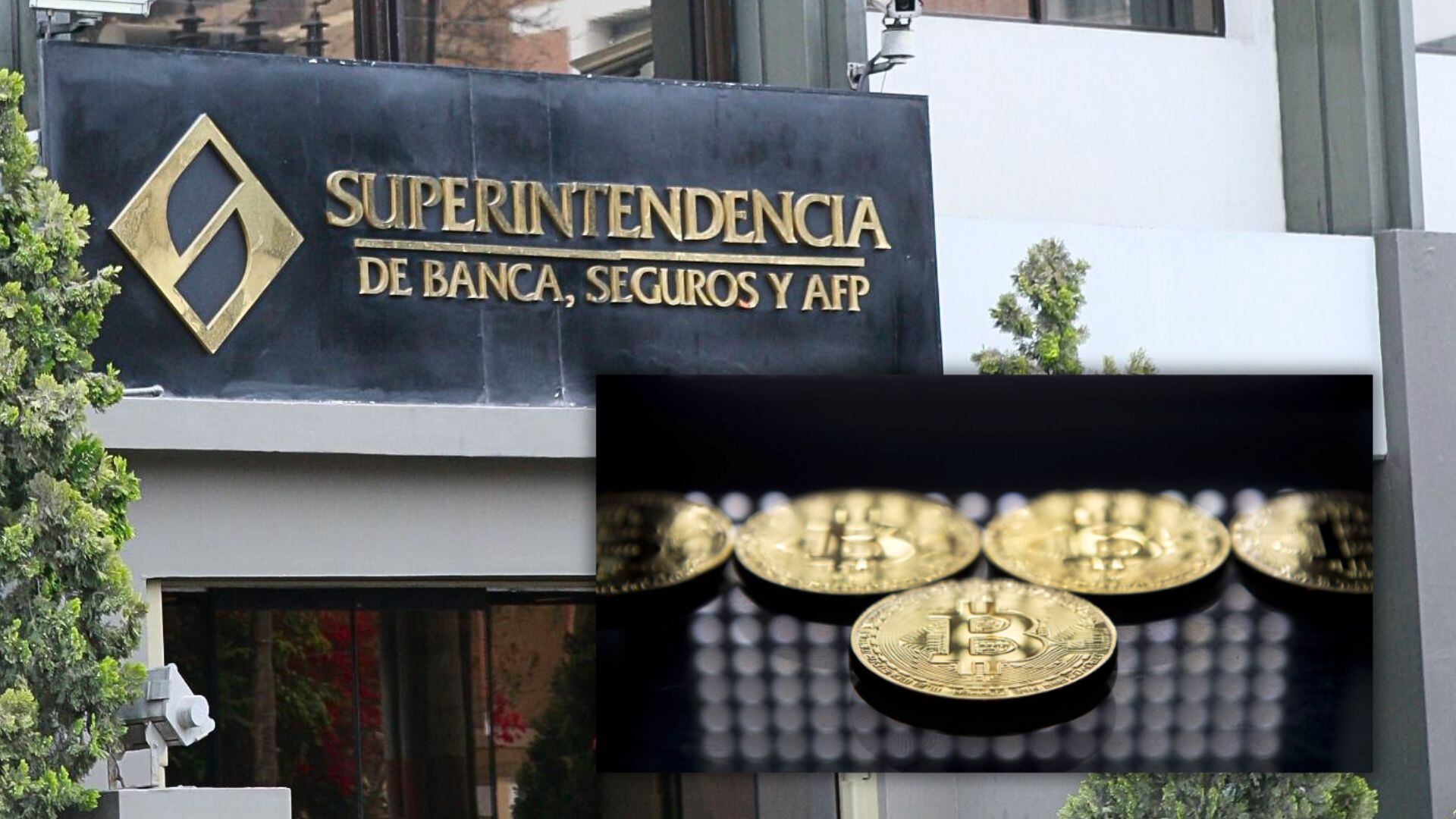 fachada de la SBS e imagen de criptomoneda bitcoin