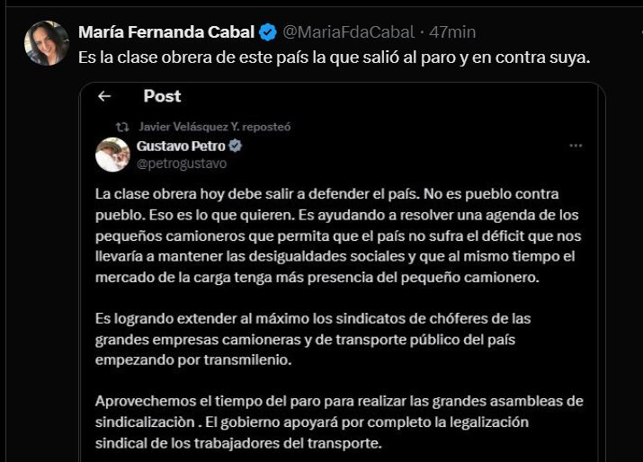 María Fernanda Cabal sobre el pronunciamiento de Gustavo Petro - crédito @MariaFdaCabal/X