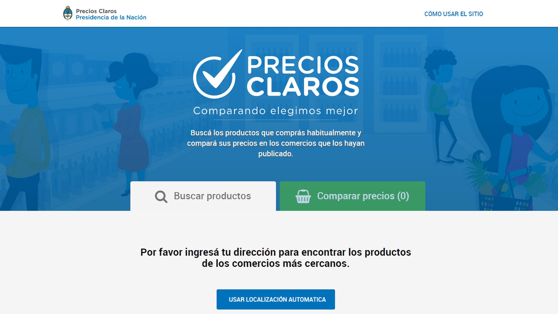 Esta es la portada de la página web de Precios Claros mediante la cual los consumidores pueden comparar precios de un mismo producto entre comercios cercanos a su domicilio