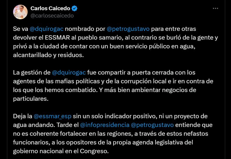 Carlos Caicedo cuestionó al saliente superintendente de Servicios Públicos - crédito @carlosecaicedo/X