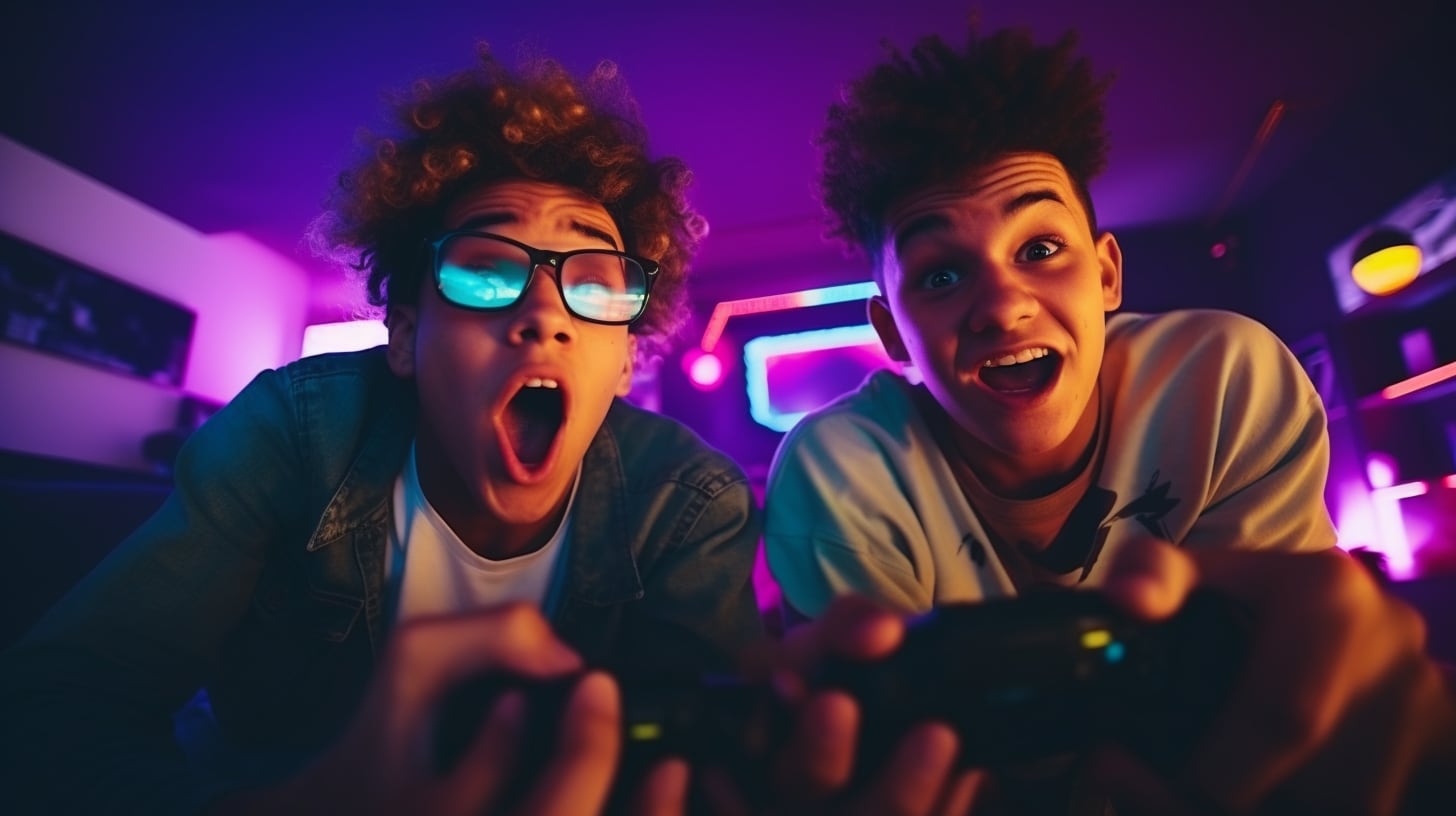 Imagen de jóvenes nerds inmersos en apasionadas partidas de videojuegos y e-sports, donde la tecnología y las consolas los sumergen en mundos virtuales llenos de desafíos y aventuras. (Imagen ilustrativa Infobae)