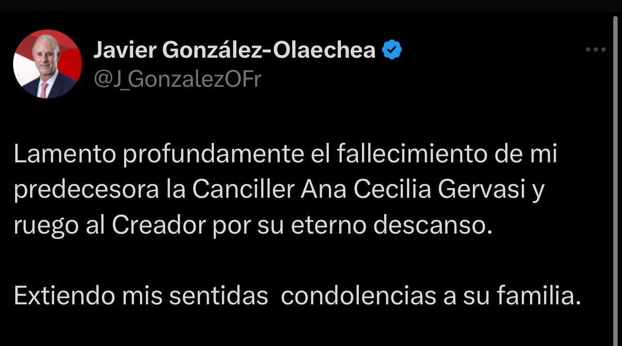 Exministro Javier González Olaechea expresa su pésame por la muerte de Ana Cecilia Gervasi