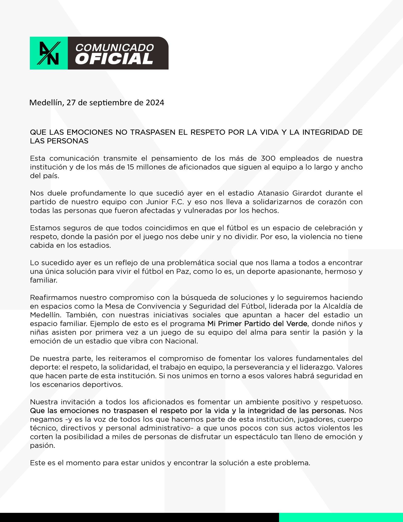 Comunicado Atlético Nacional