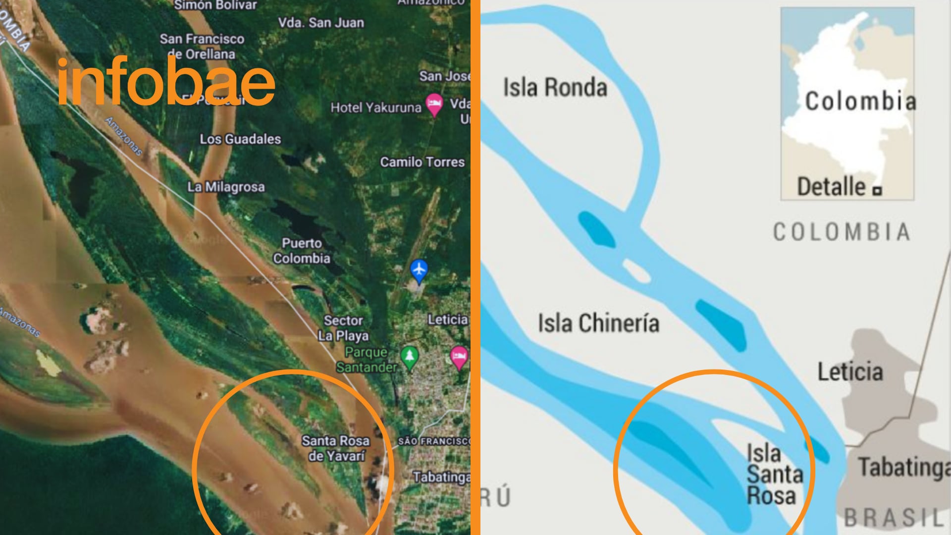 Las islas Chinería y Santa Rosa forman parte de la misma zona terrestre. Sin embargo, la afluencia del Río Amazonas separó y volvió a unificar ambos territorios. (Foto: Composición - Infobae/Renato Silva/El Espectador)