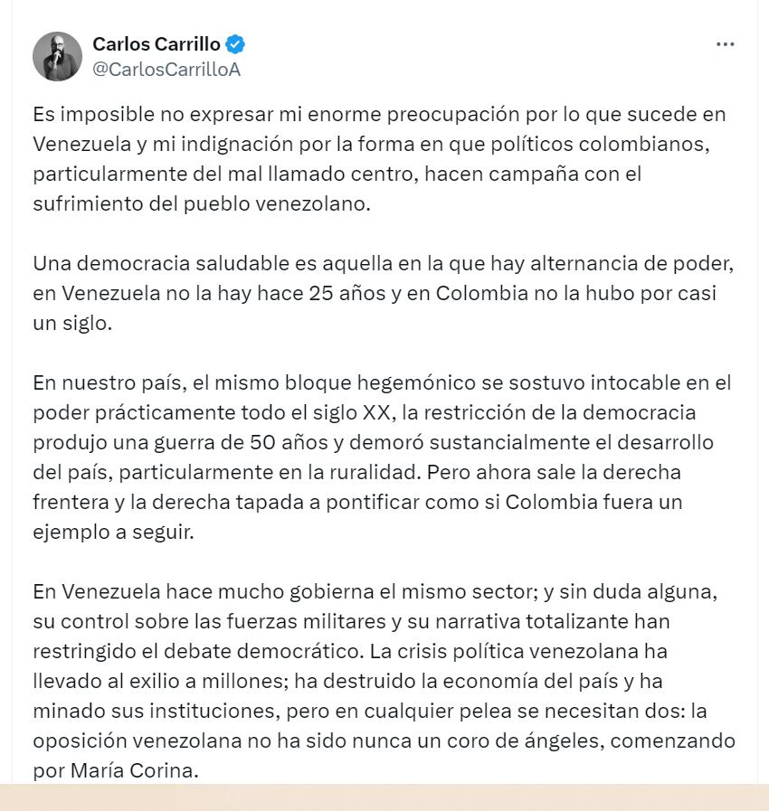 Carlos Carrillo y su feroz crítica a Nicolás Maduro - crédito @CarlosCarrilloA